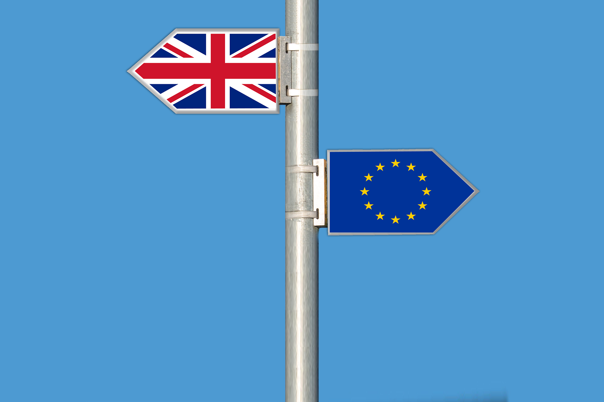 A signpost with union jack sign and EU flag sign.